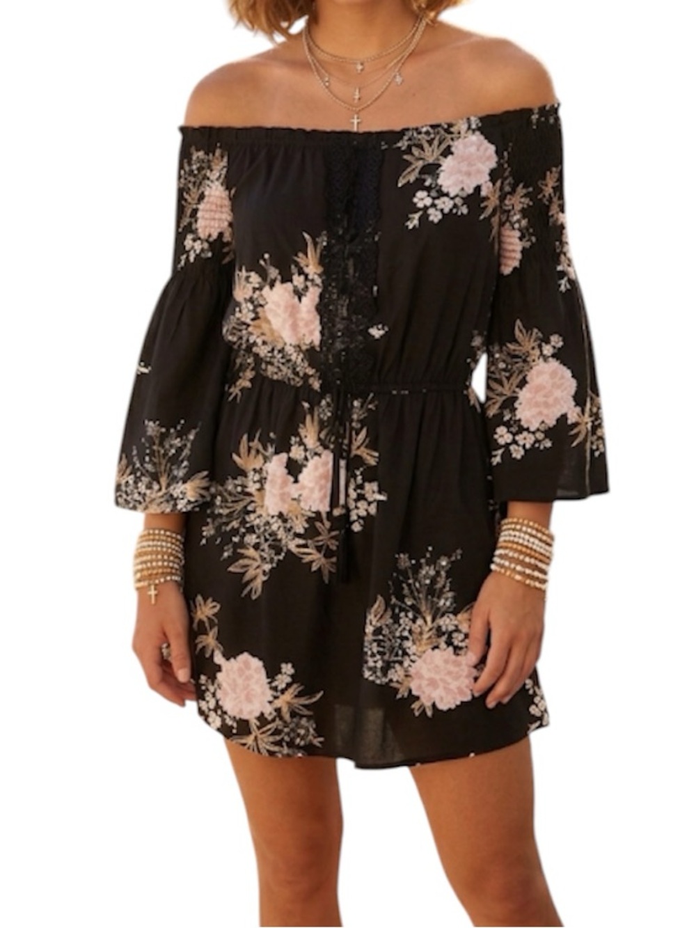 Feathers Black Floral Print Off Shoulder Peasant Dress Size:Medium